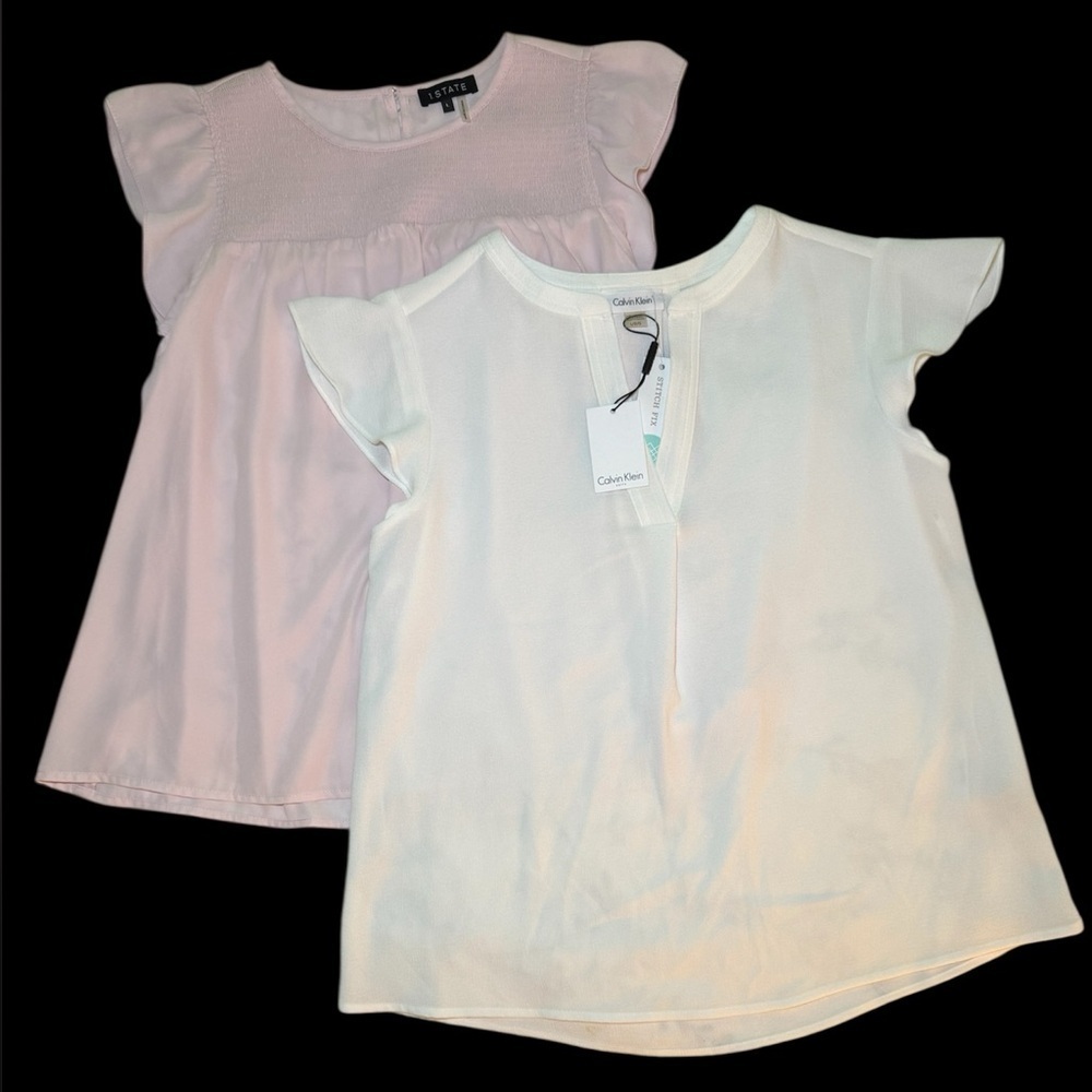 Calvin Klein & 1. State Baby Doll Tops Flutter Sleeve Smocking Set/2 Size L